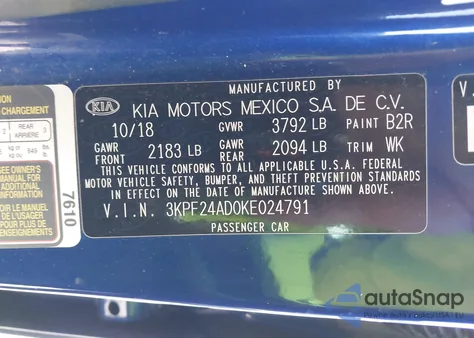 2019 Kia Forte Lxs z USA, uszkodzony, nr VIN 3KPF24AD0KE024791